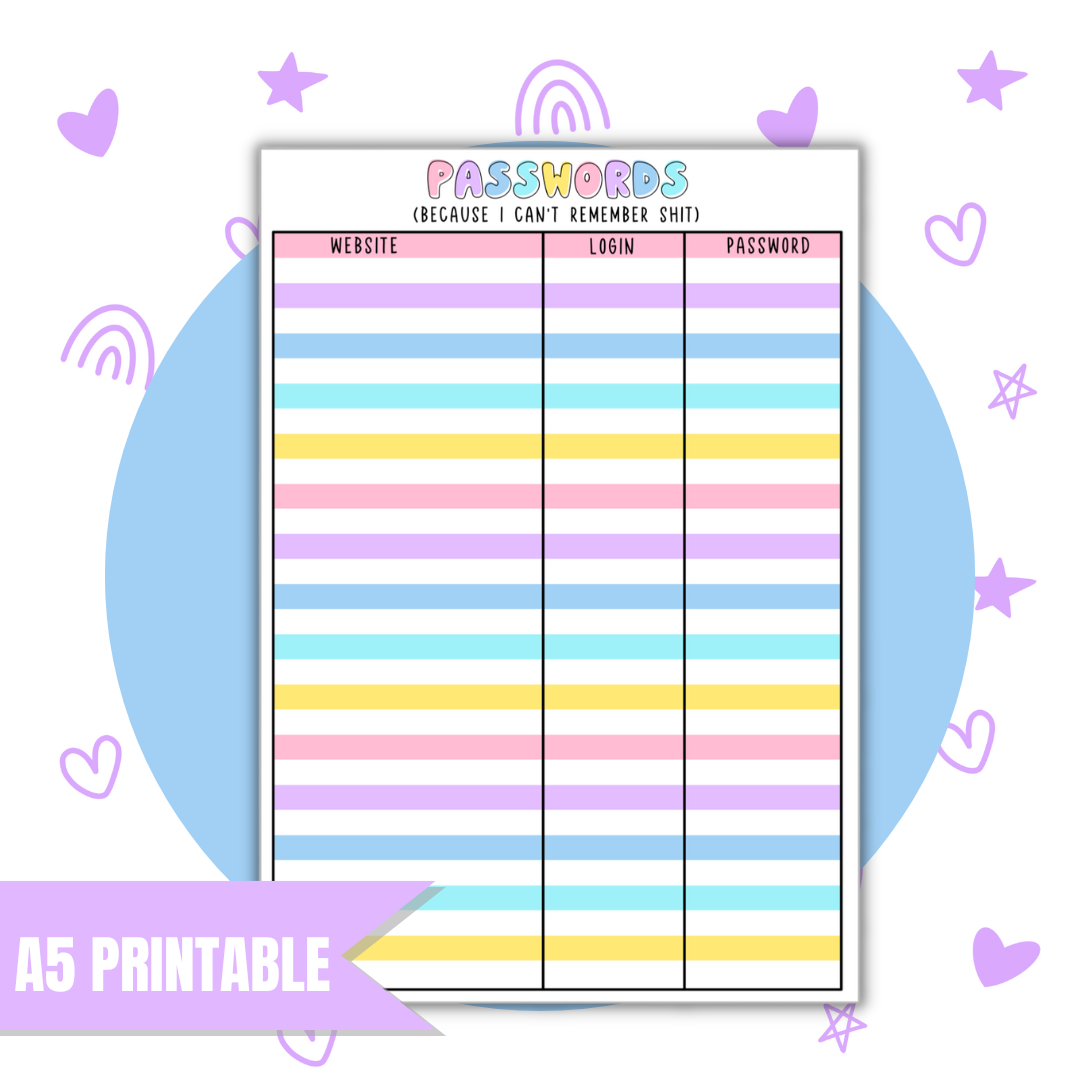 A5 Passwords | Full Page Digital Sticker |