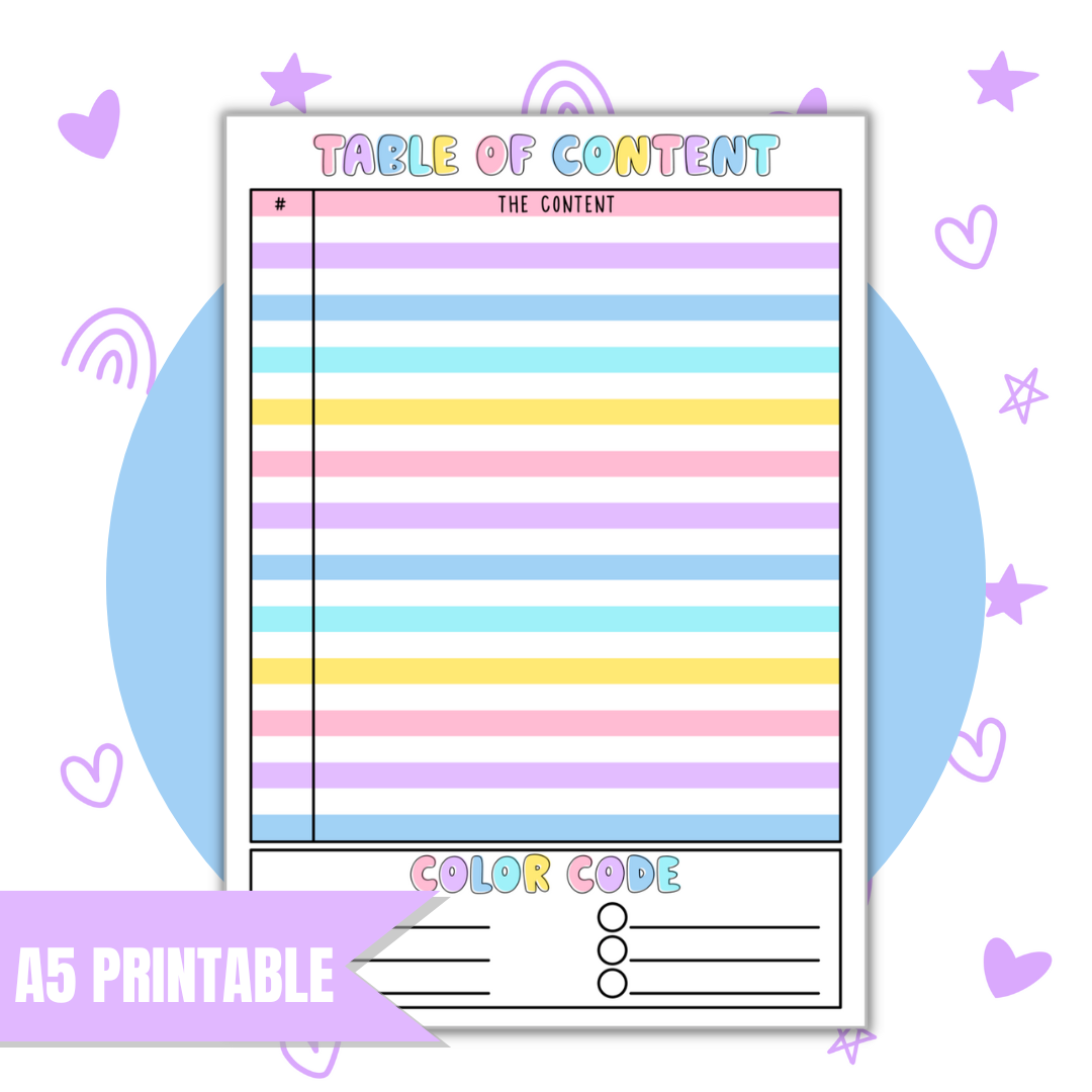 A5 Table of Content | Full Page Digital Sticker |