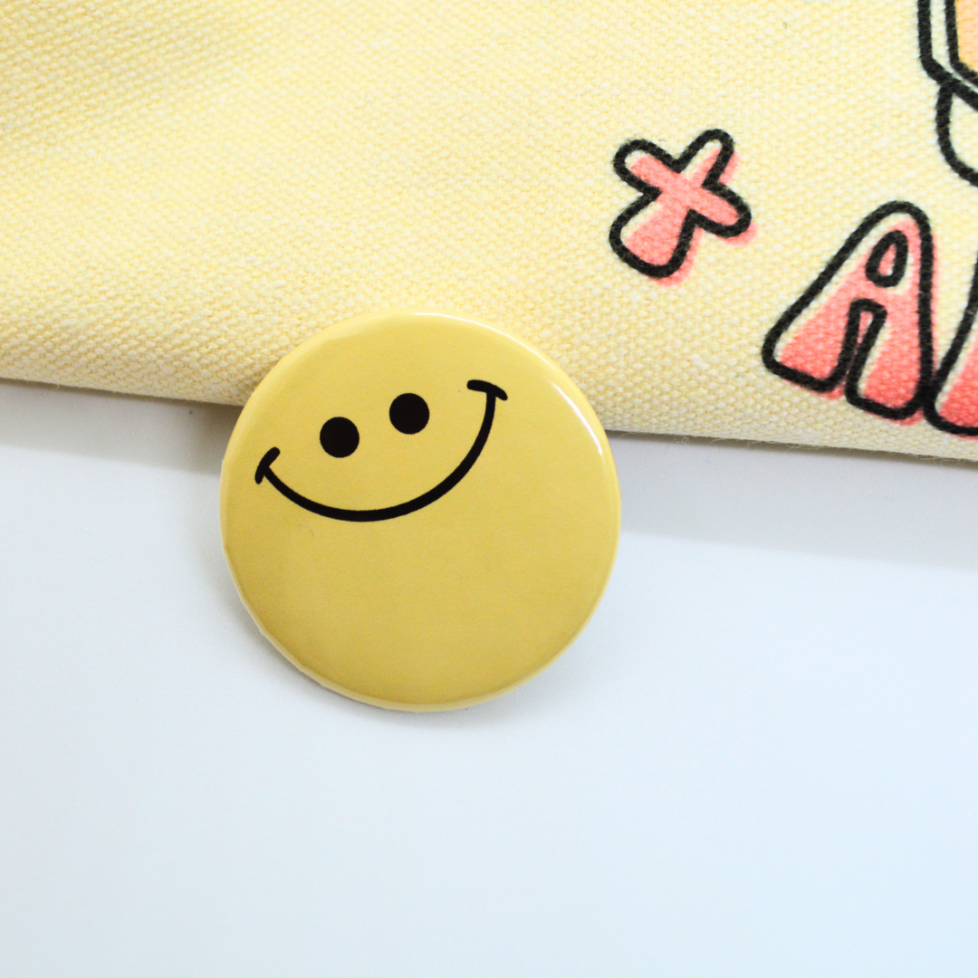Fueled By Iced Coffee & Anxiety | Yellow Happy Face| Pin Back Button